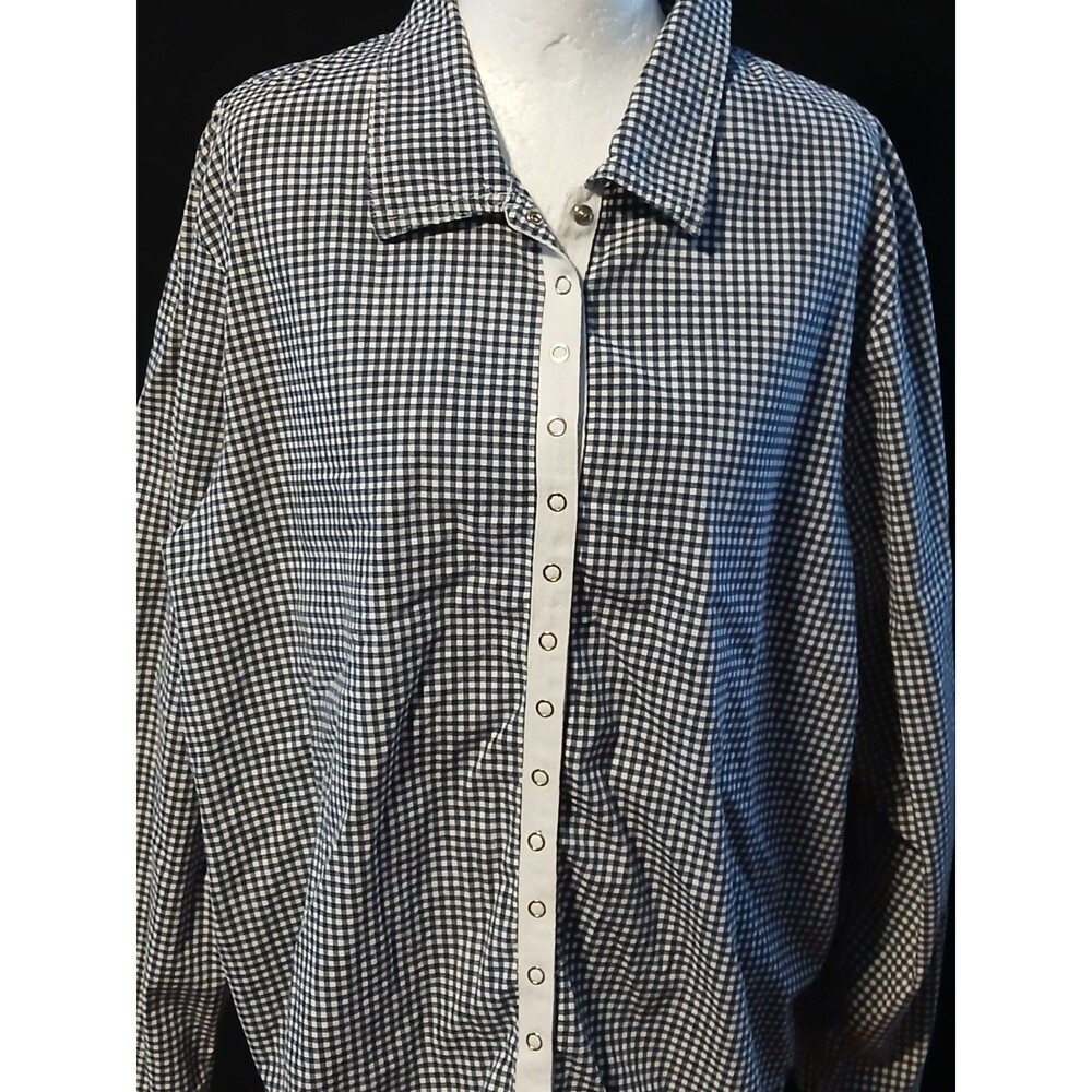 Sportelle Coastal Blue & White Gingham Long Sleeve Snap Button  Blouse  XL